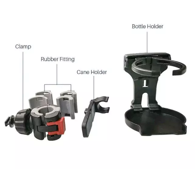 2 in 1 Holder (Bottle and Cane Holder) for Wheelchairs, Mobility Scooters, Bicycles
